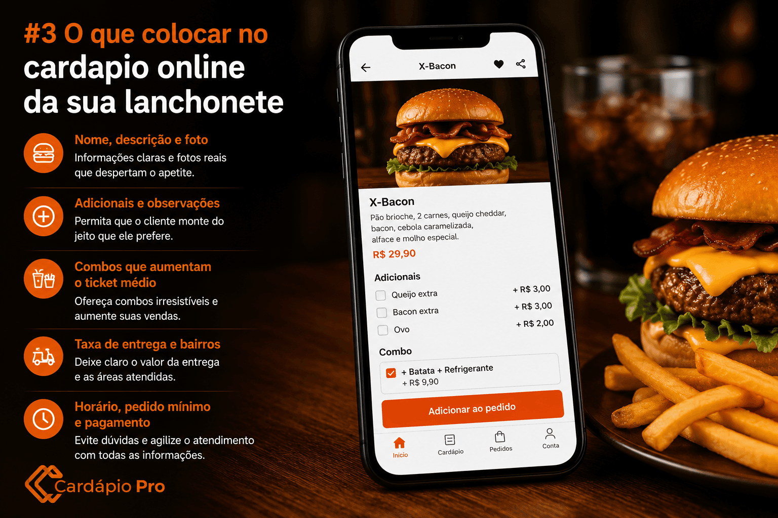 Cardapio online com hamburgueres combos bebidas e adicionais