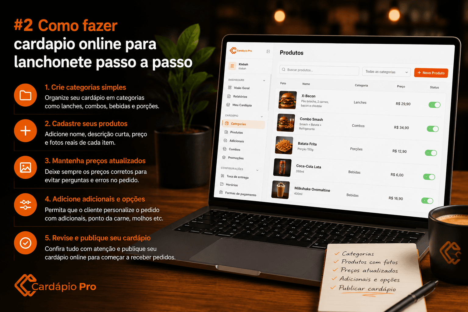 Cadastro de produtos em cardapio online para lanchonete