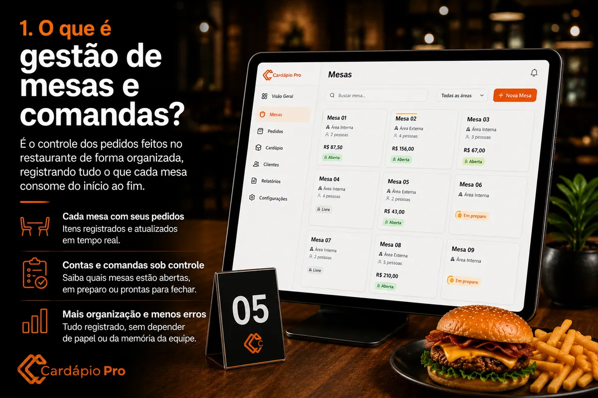 Sistema mostrando mesas abertas e comandas de restaurante