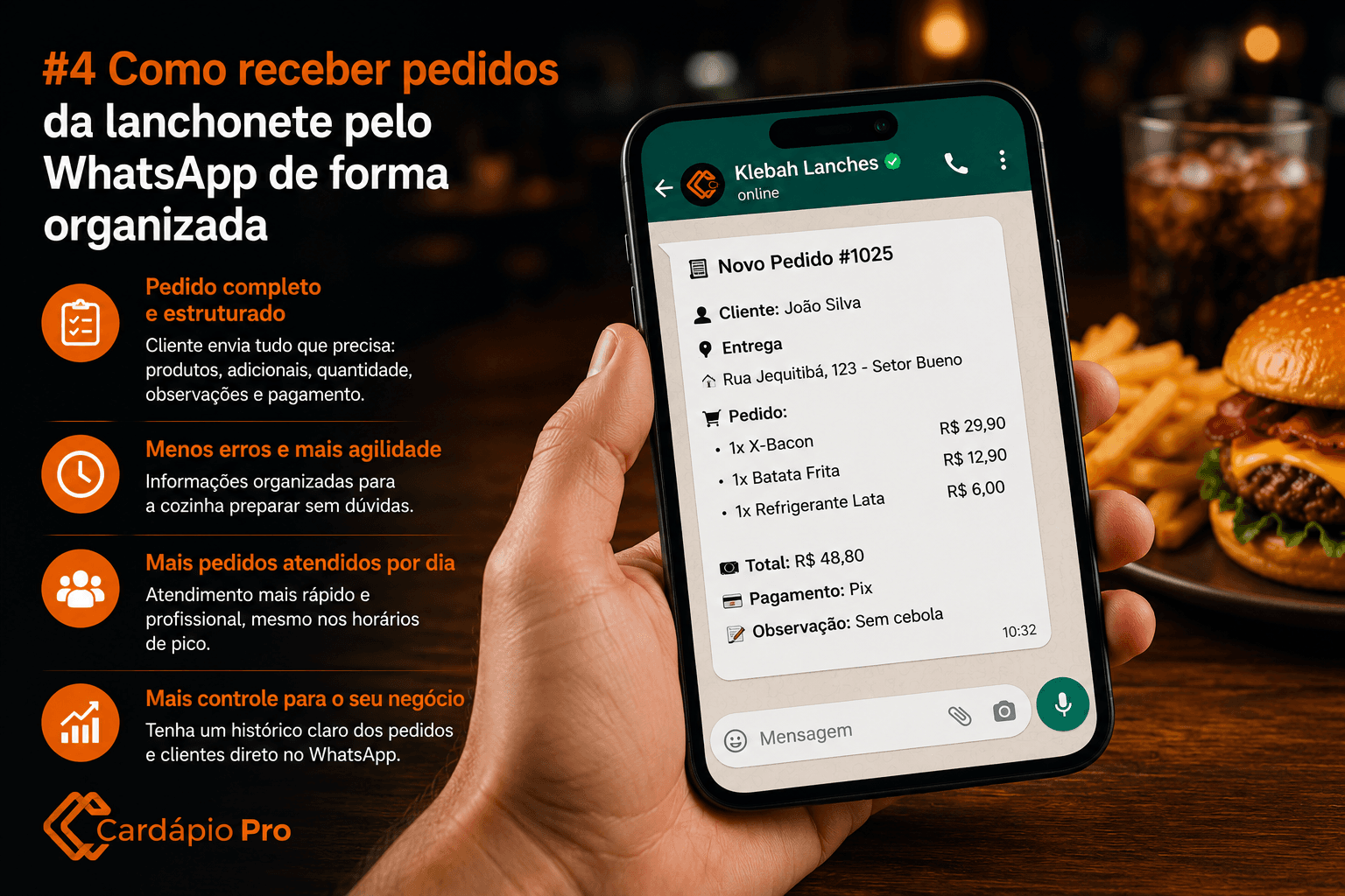 Pedido de lanchonete organizado enviado pelo WhatsApp