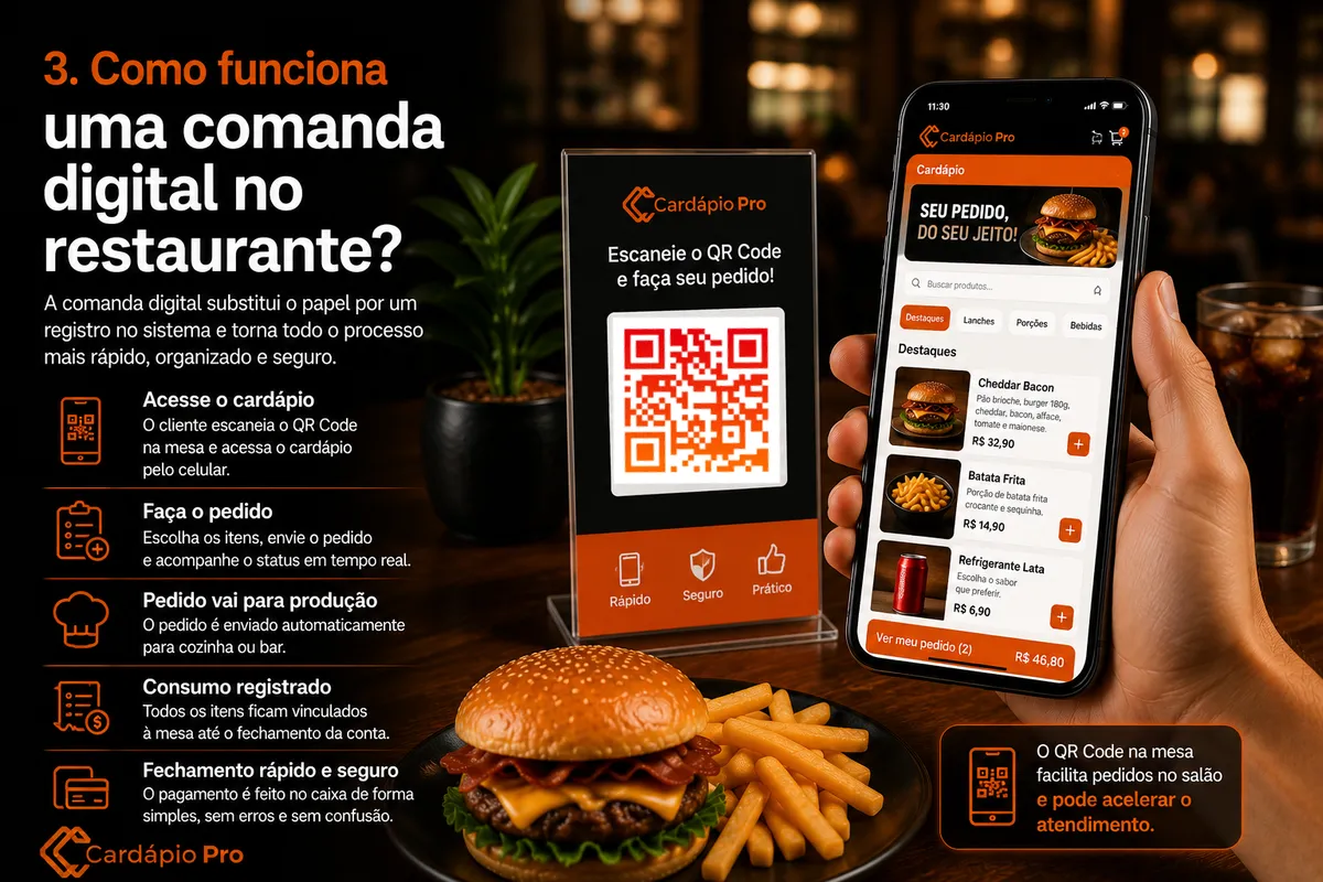 Cliente usando QR Code na mesa para fazer pedido no restaurante