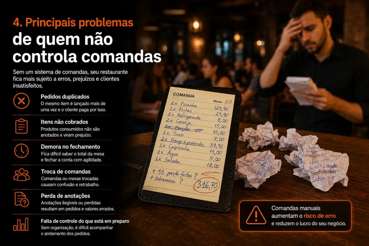 Preocupação com comandas, gasto de papel, erros em horários de pico.